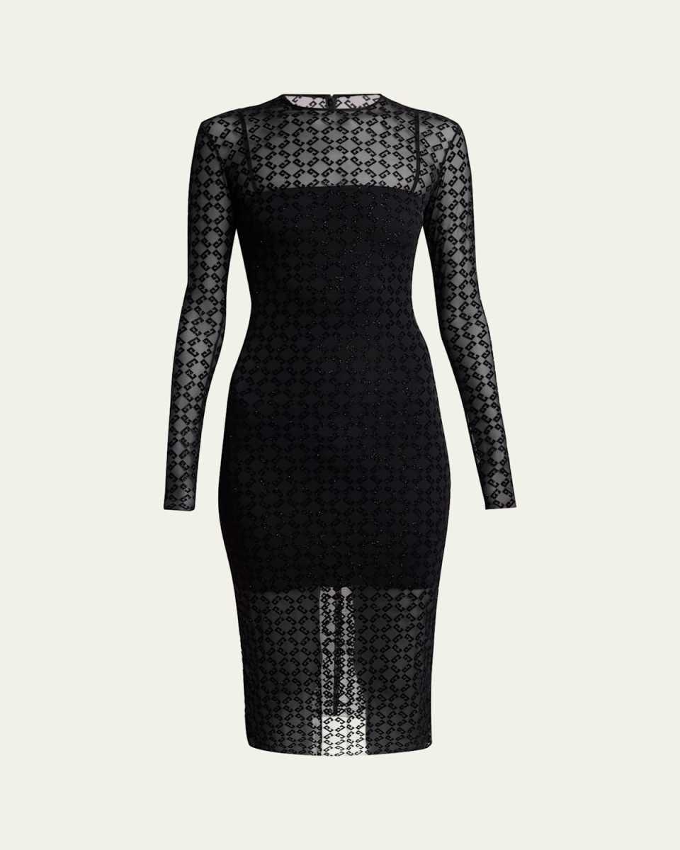 Long Sleeve Tulle Monogram Midi Dress